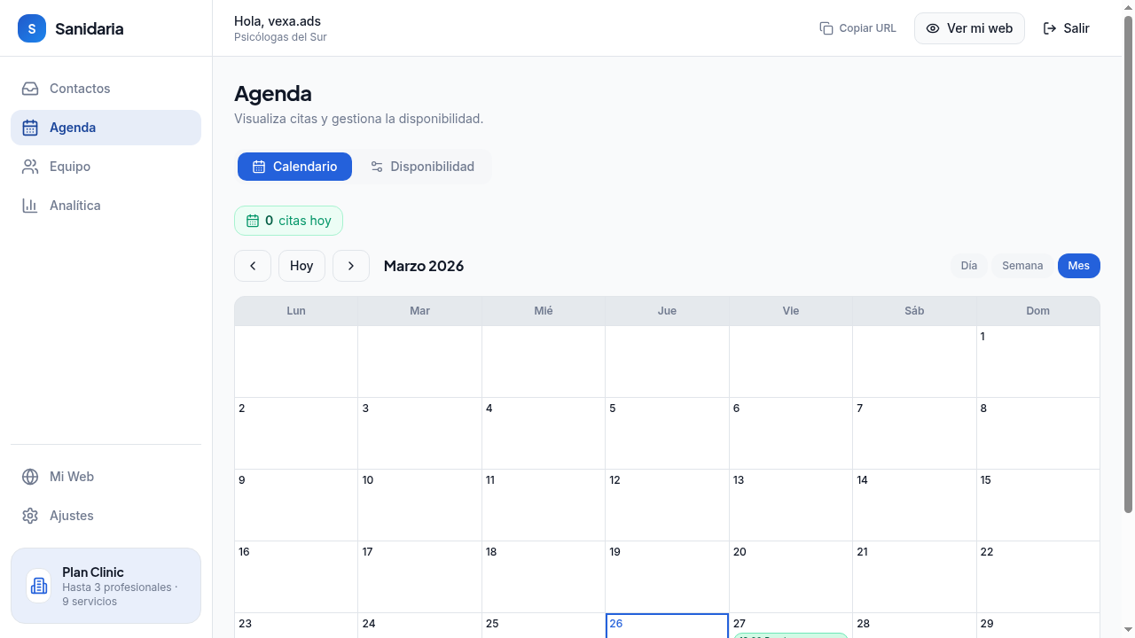 Calendario de citas con vista semanal y códigos de color