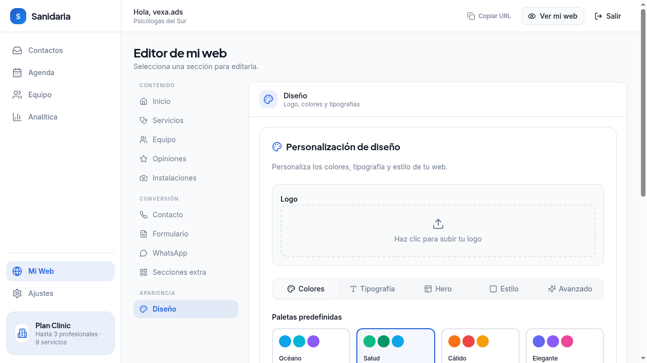 Editor de diseño con paleta de colores y vista previa